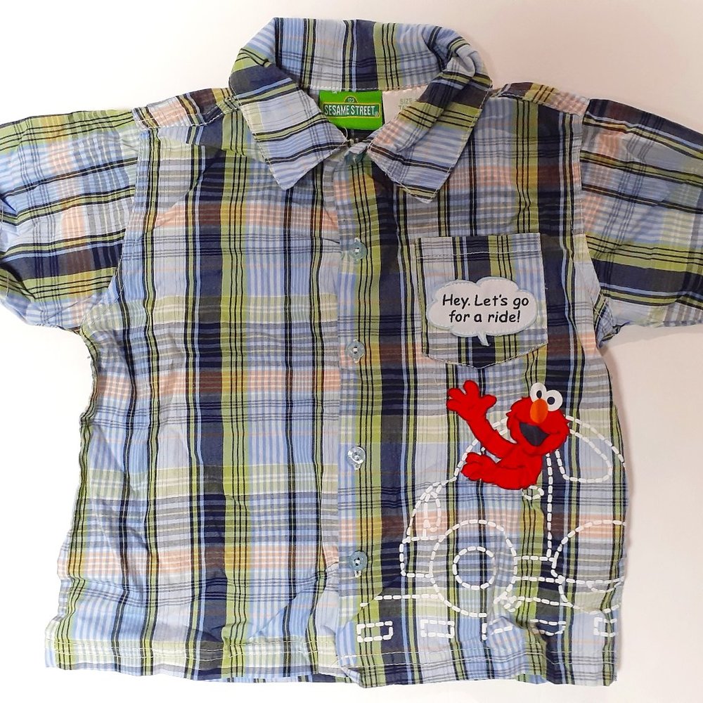 Sesame Street Boys Elmo Shirt Button Down Blue Plaid Short Sleeve Size 18 Months